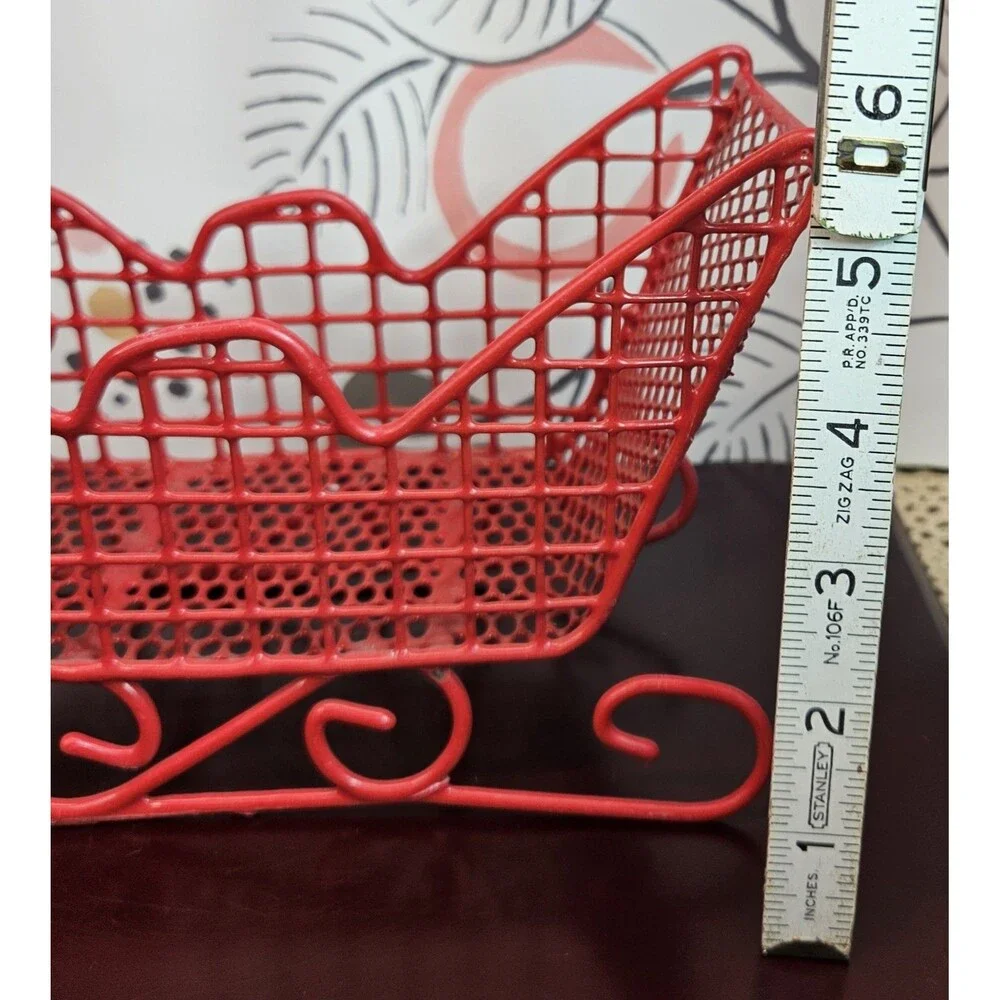 Red Enamel on Metal Wire Basket Christmas Tabletop Santa Sleigh Decor Storage